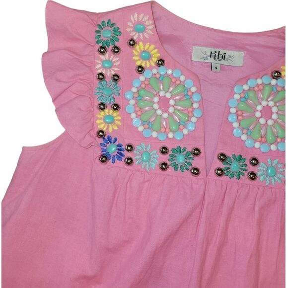 Tibi Flutter Sleeve Beaded Embroidered Linen Cotton Mexican Style Top Pink 4 - Picture 6 of 11